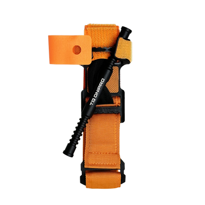 TQ DNIPRO Gen. 2 hemostatic tourniquet in high-visibility orange, detail view