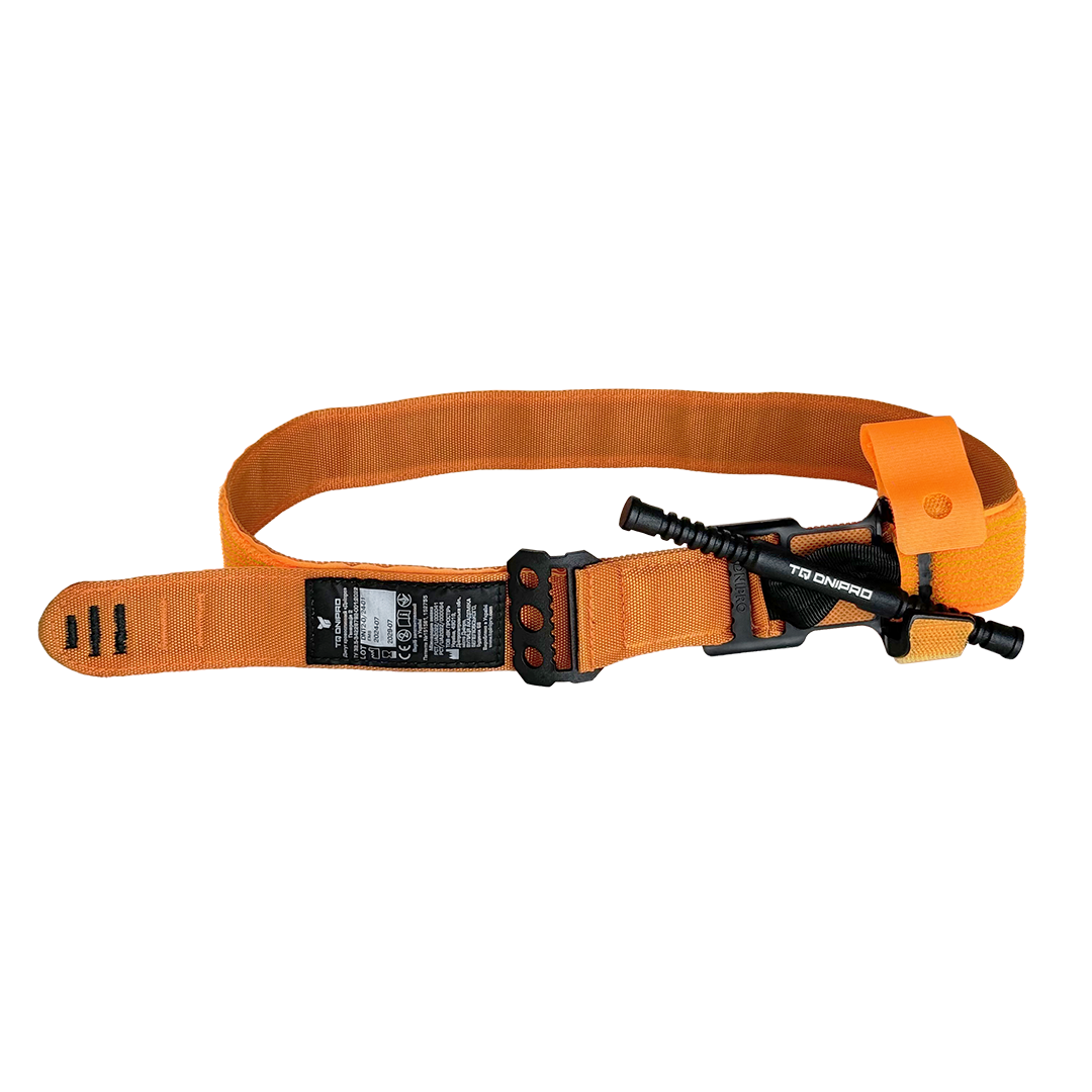 TQ DNIPRO Gen. 2 hemostatic tourniquet in high-visibility orange, alternative view